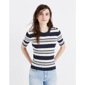 Madewell Navy and White Ribbed Striped Short Sleeve Sweater Top - Size - Small